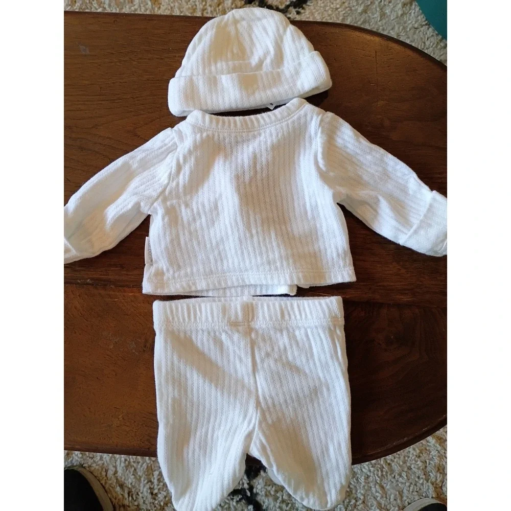 Gerber Preemie 3pc Set White Pointelle Knit Cardigan Footed Pants Beanie Cotton